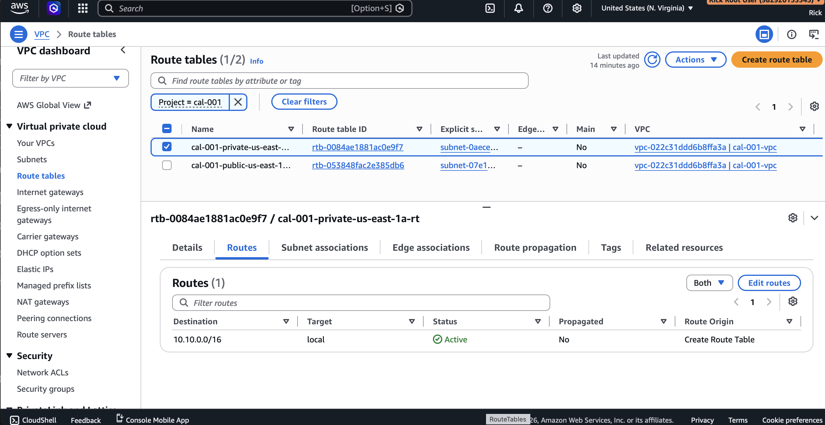 AWS private route table showing local VPC routing without an internet default route