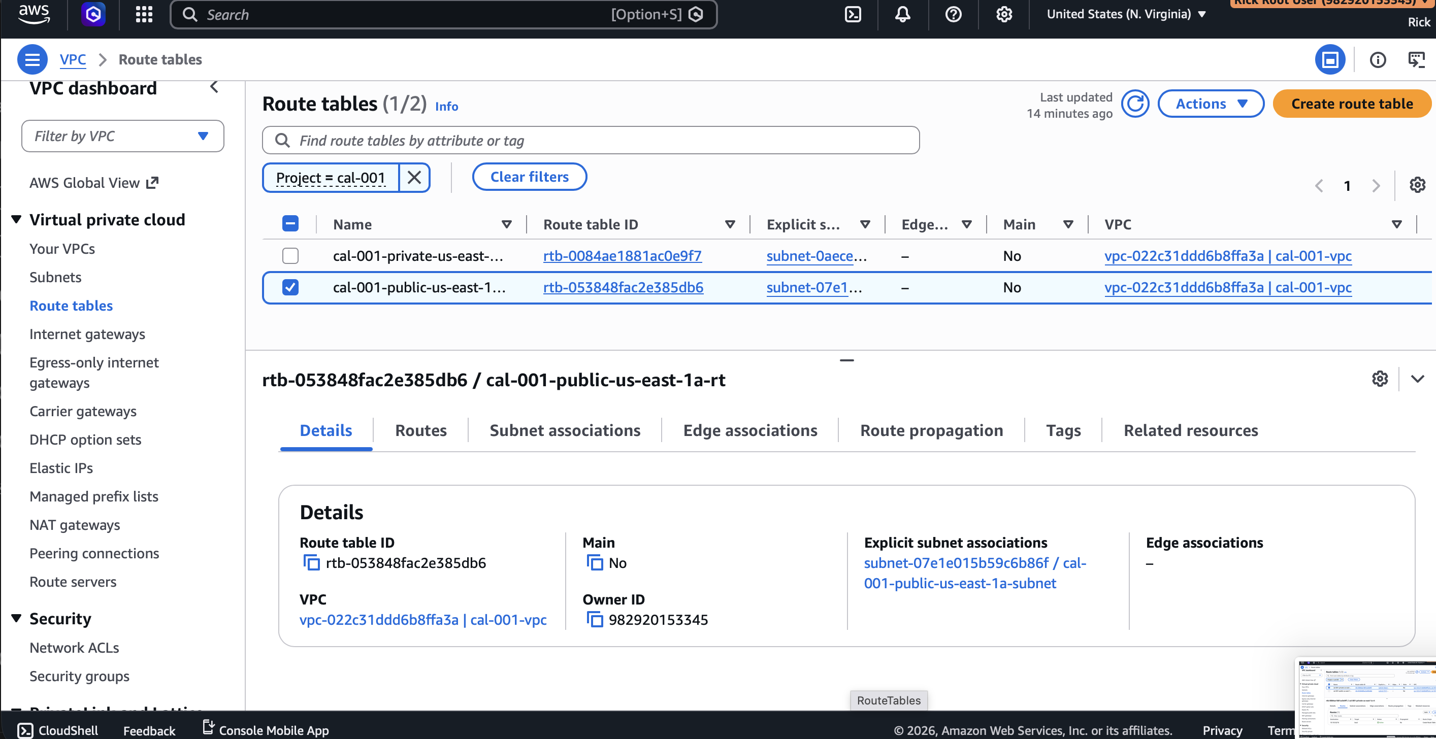 AWS public route table showing a default route to the Internet Gateway