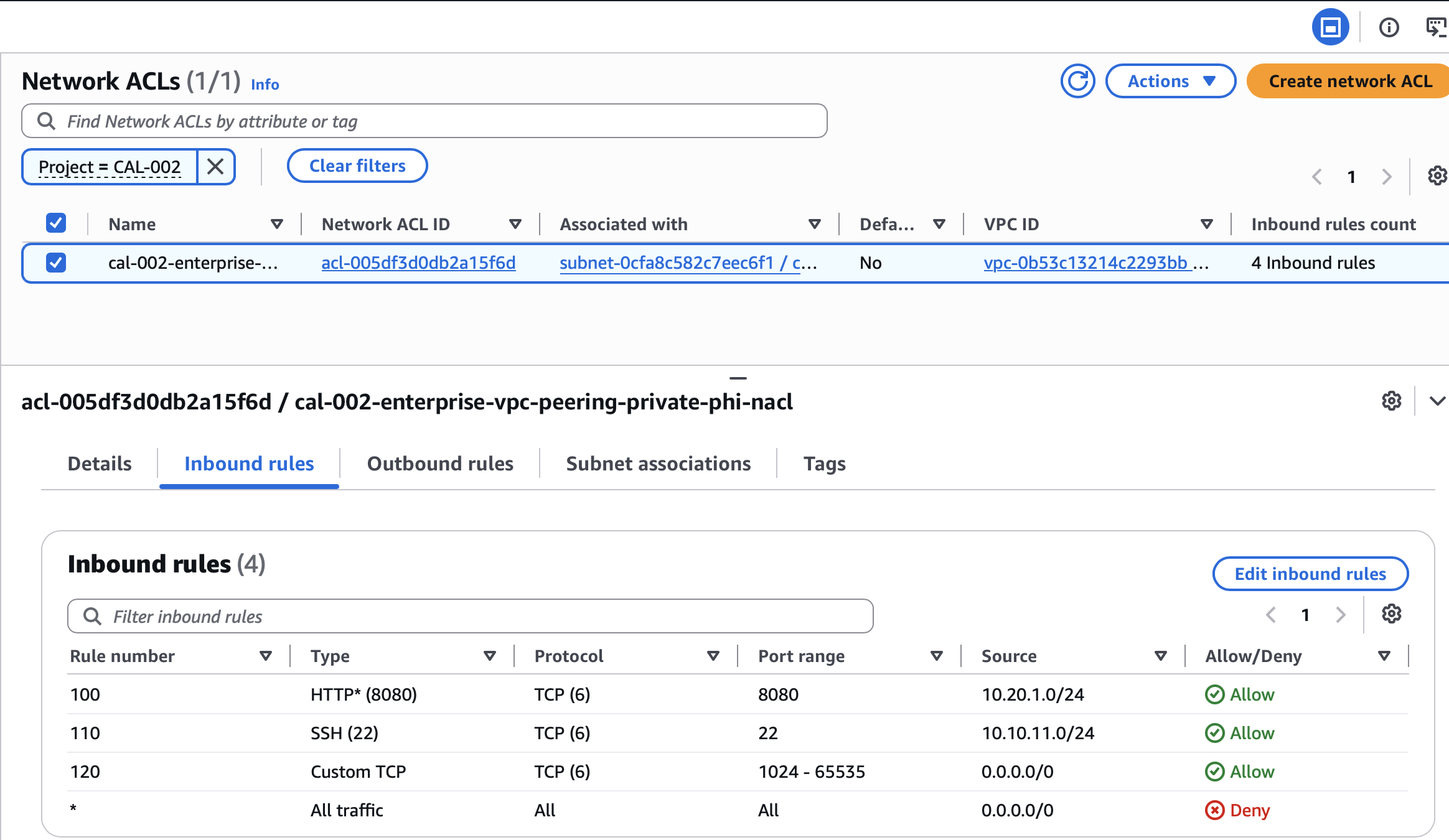 AWS console showing inbound rules for the CAL-002 Private PHI Network ACL
