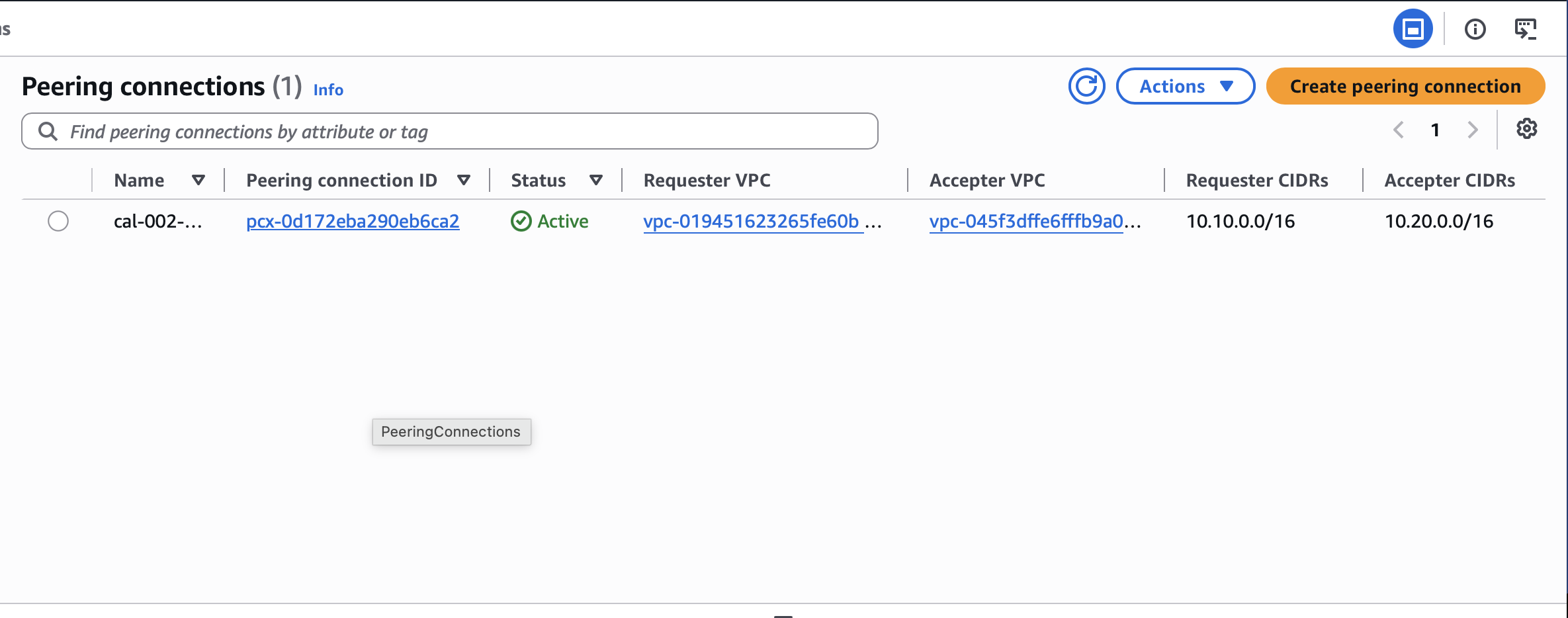 AWS console showing the active CAL-002 VPC peering connection